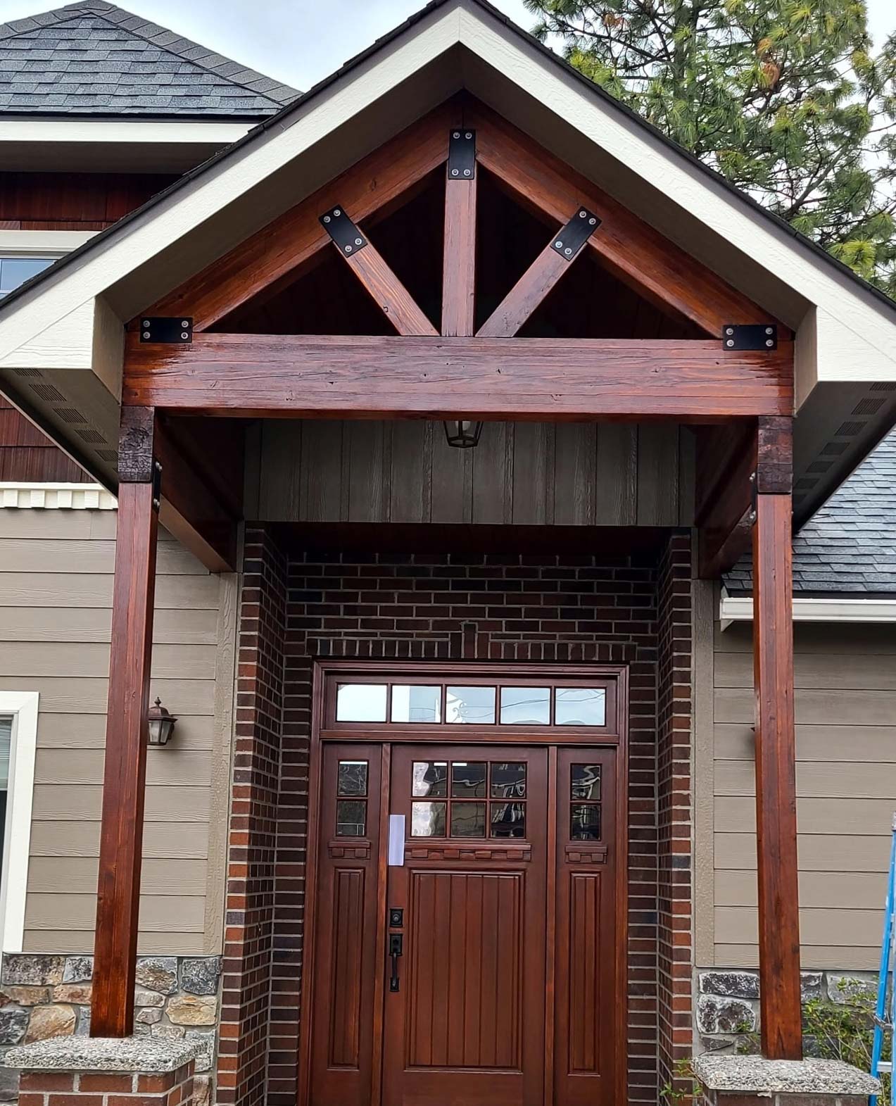 Stained exterior wood beams and posts