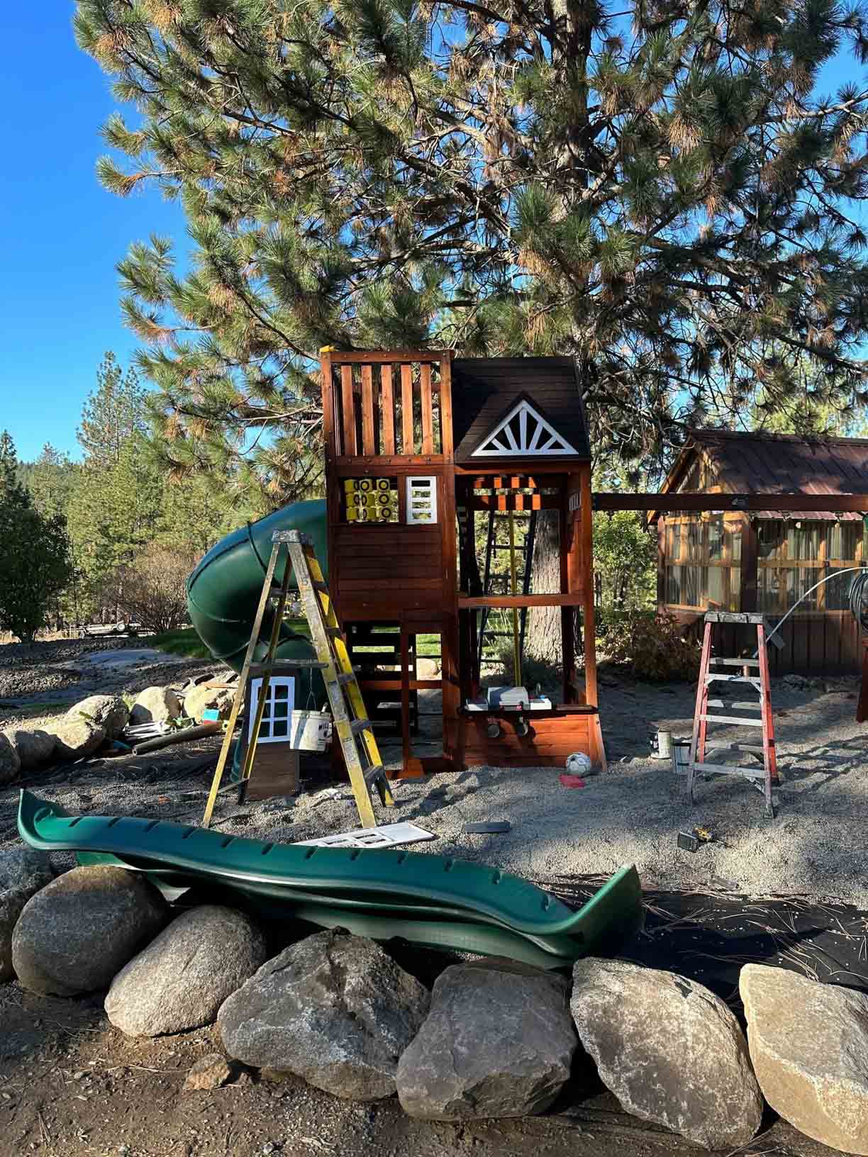 Stained wood childrens playset