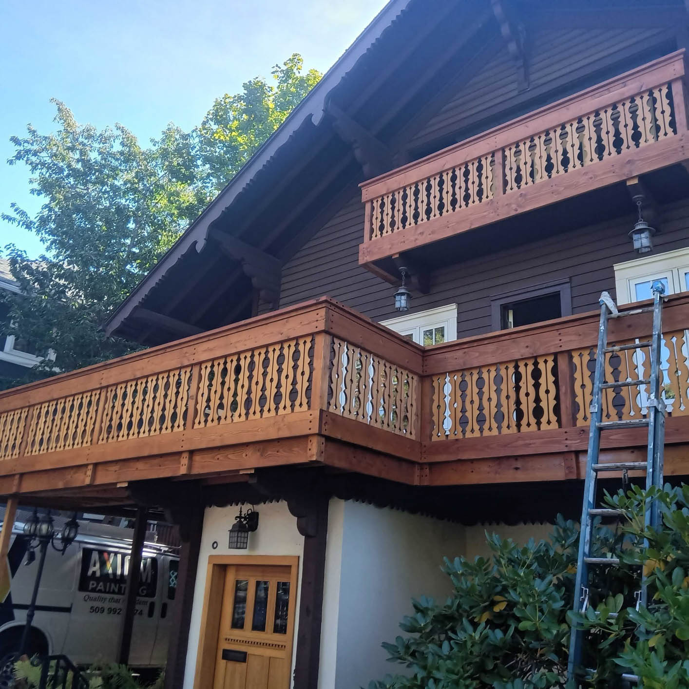 Stained deck railing and posts