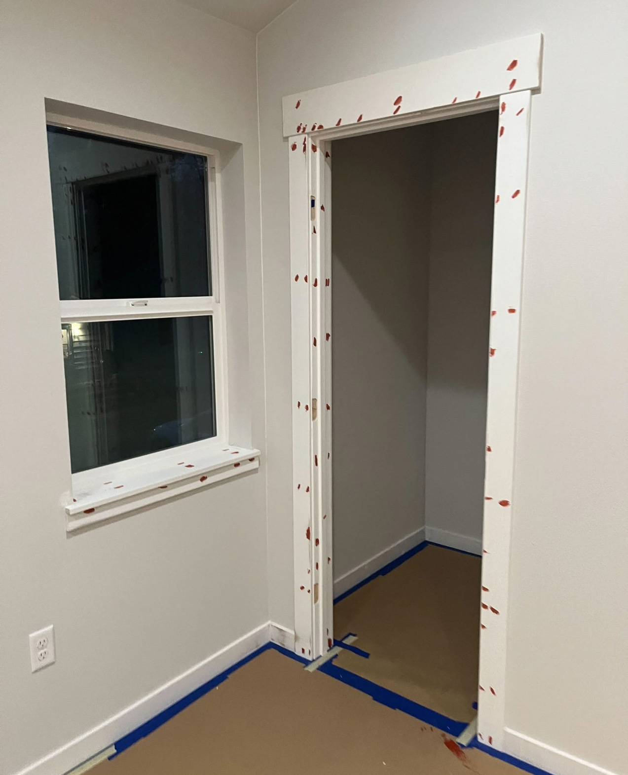 Vacant bedroom interior repaint with prep work and masking for painting